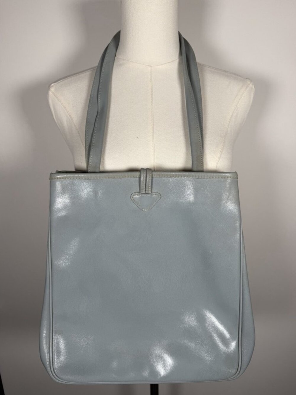 Vintage 90s Longchamp light blue leather double handle shoulder bag preppy - Picture 9 of 16